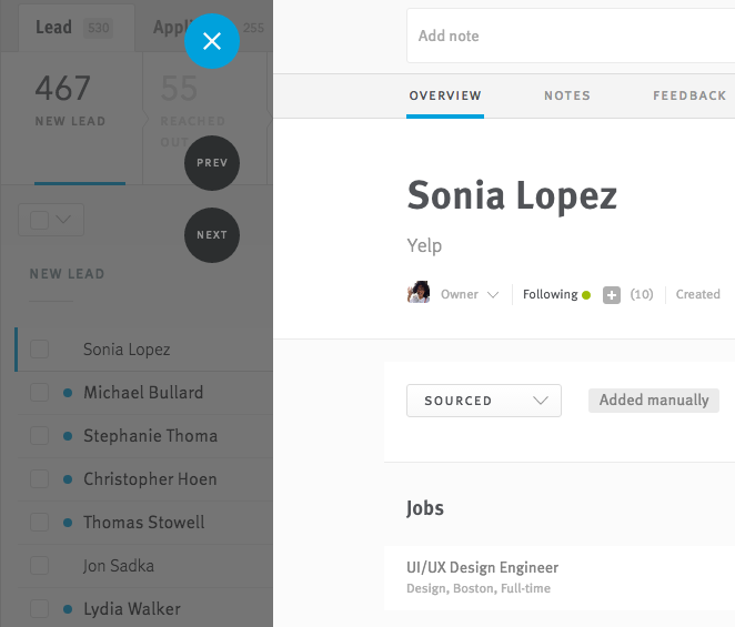 Close button highlighted on hover in candidate profile editor