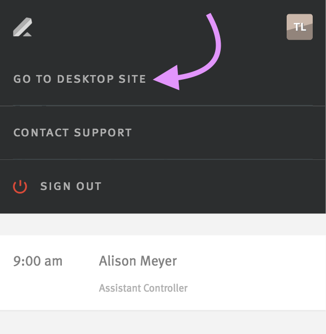 Arrow pointing to Go to desktop site option in Settings menu extended from avatar icon