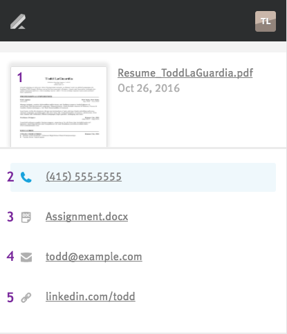 Candidate details on Lever mobile site with resume thumbnail, candidate phone number, files, candidate email address, and candidate LinkedIn URL numbers 1 through 5.