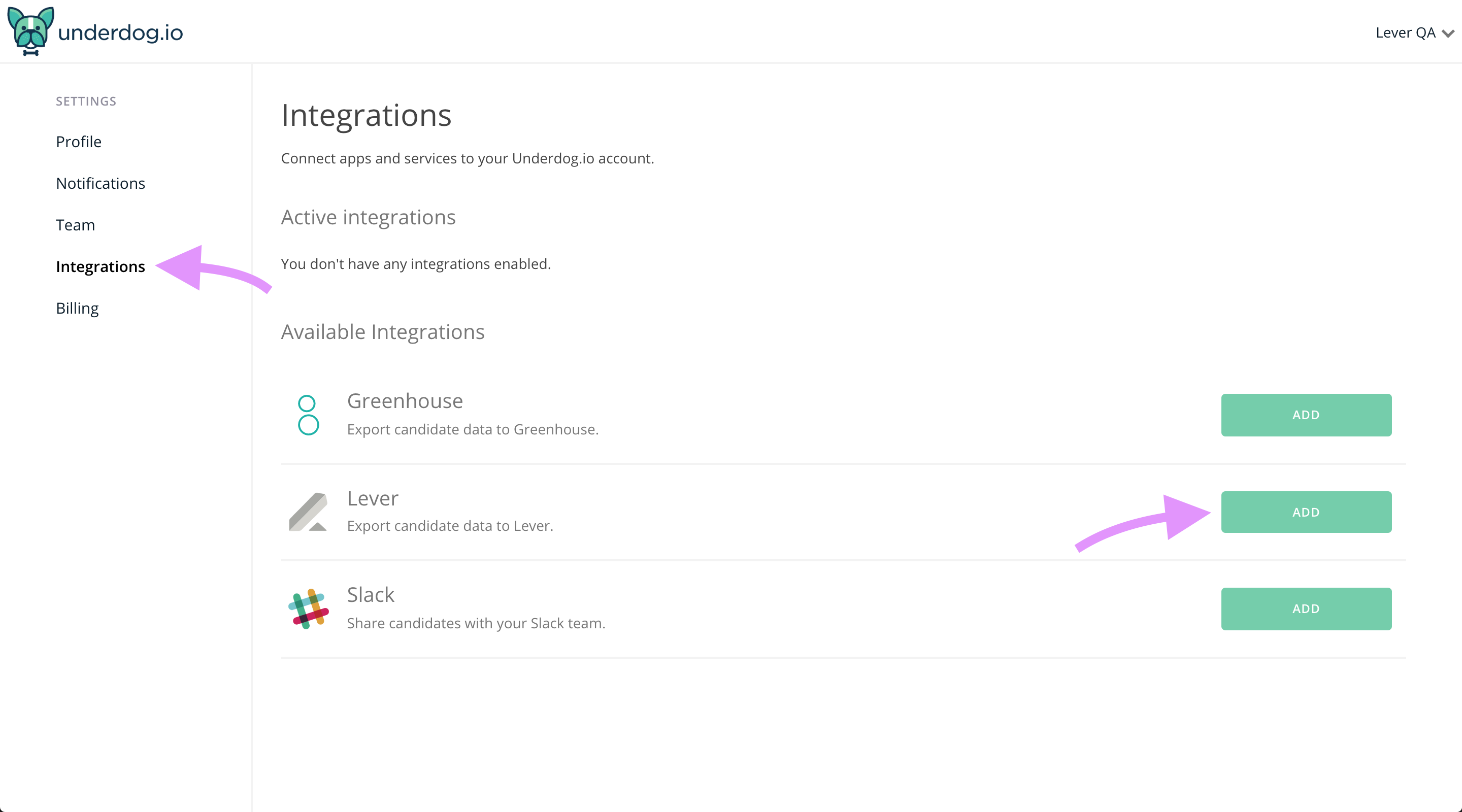 underdog.io settings page with arrows pointing to integrations and the add button next to lever