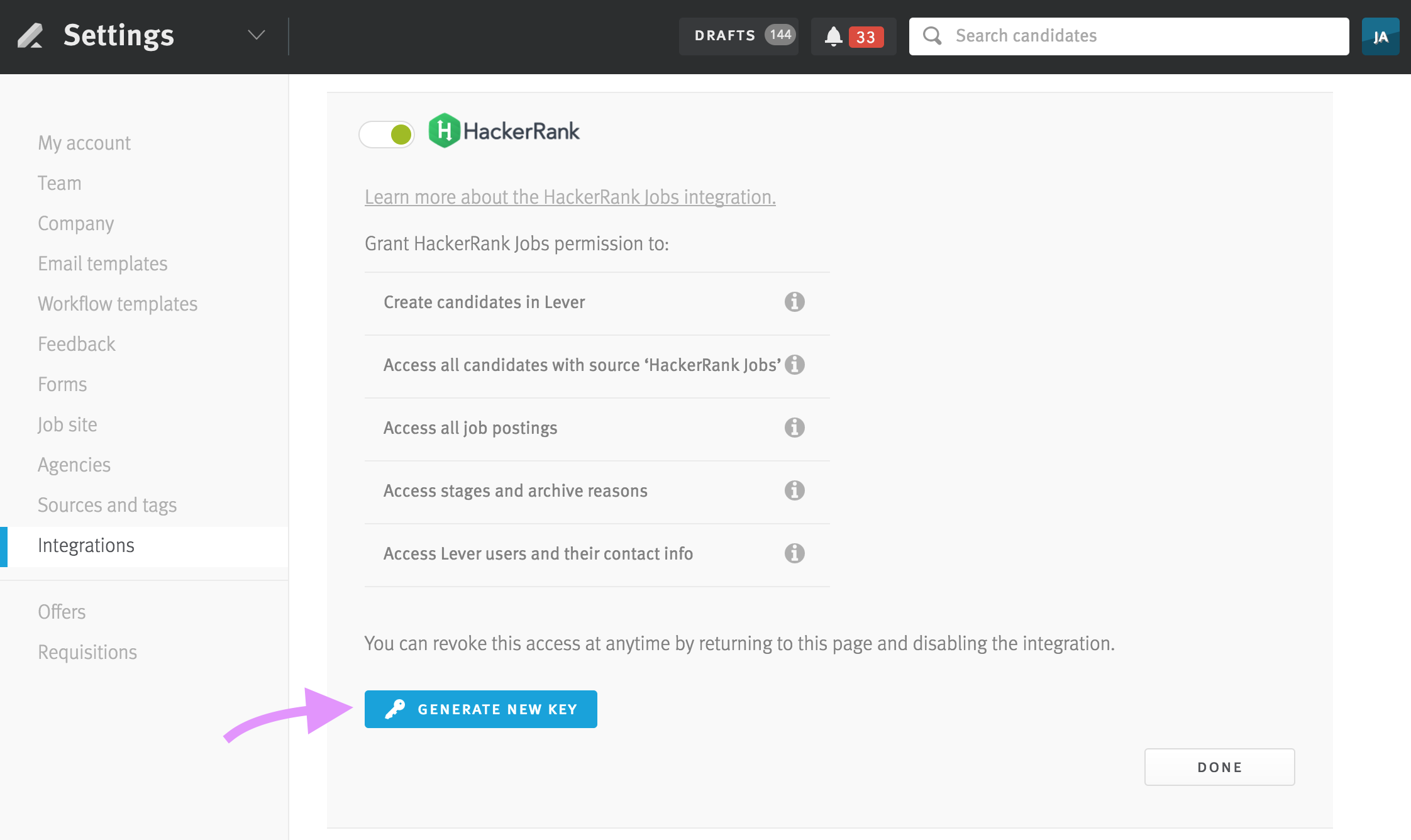 Lever settings page showing hackerrank section with arrow pointing to generate new key button