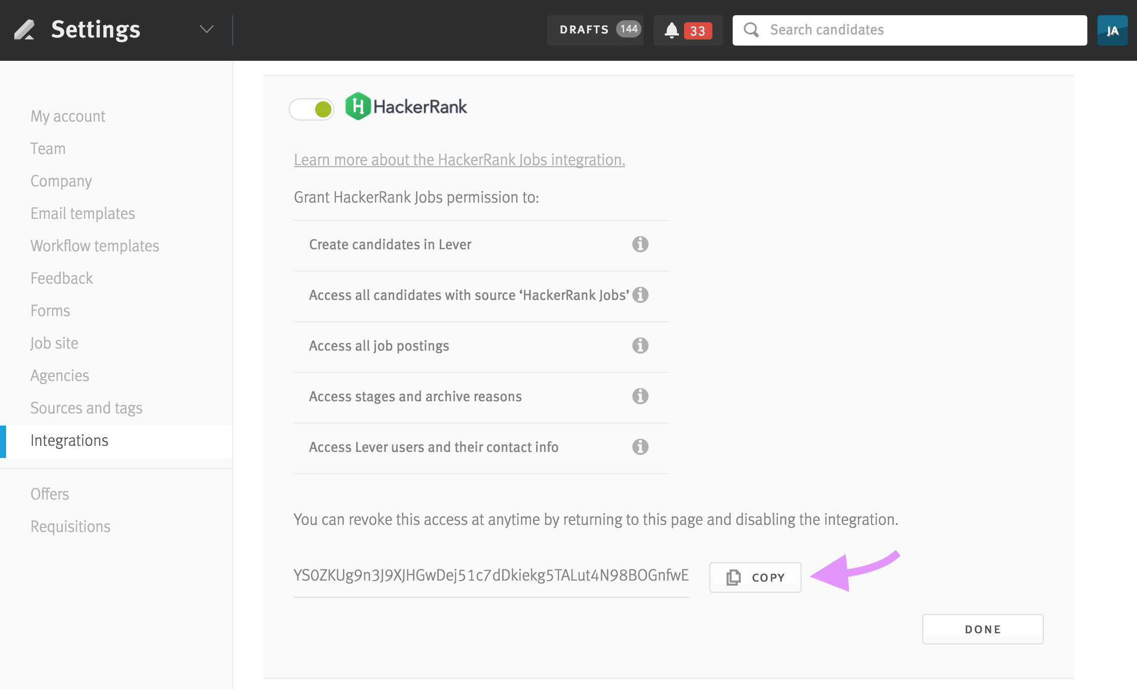 Lever settings page showing hackerrank section with arrow pointing to copy button next to API key field