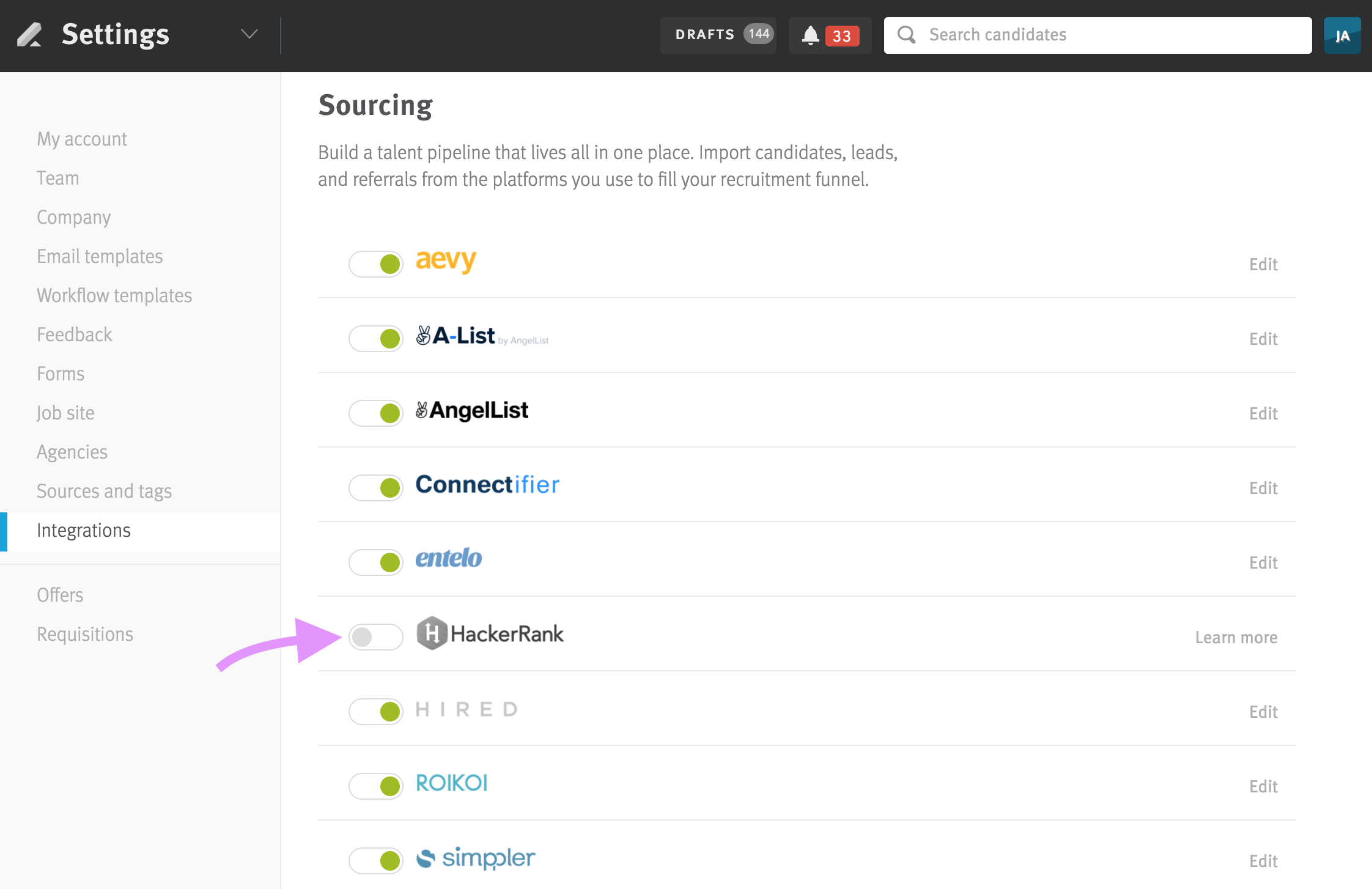 Lever settings page with arrow pointing to hackerrank toggle