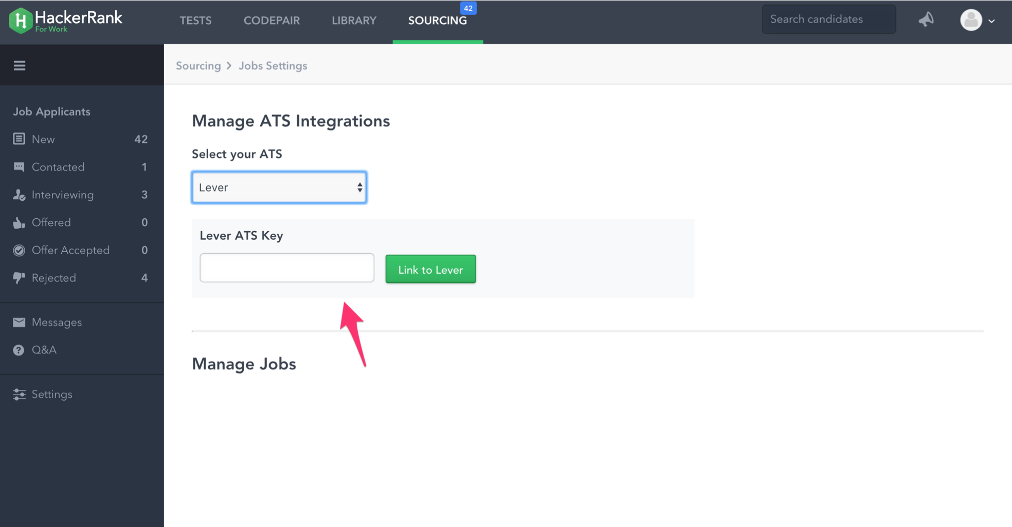 Hackerrank settings sourcing tab with arrow pointing to lever ats field