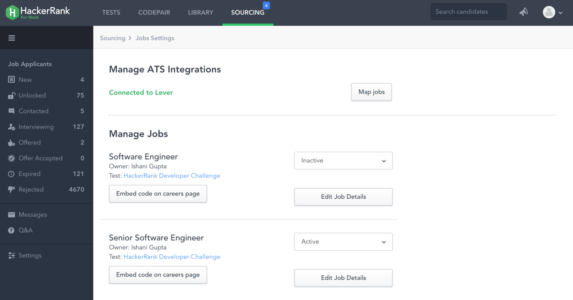 Hackerrank settings sourcing tab showing manage ats integrations page