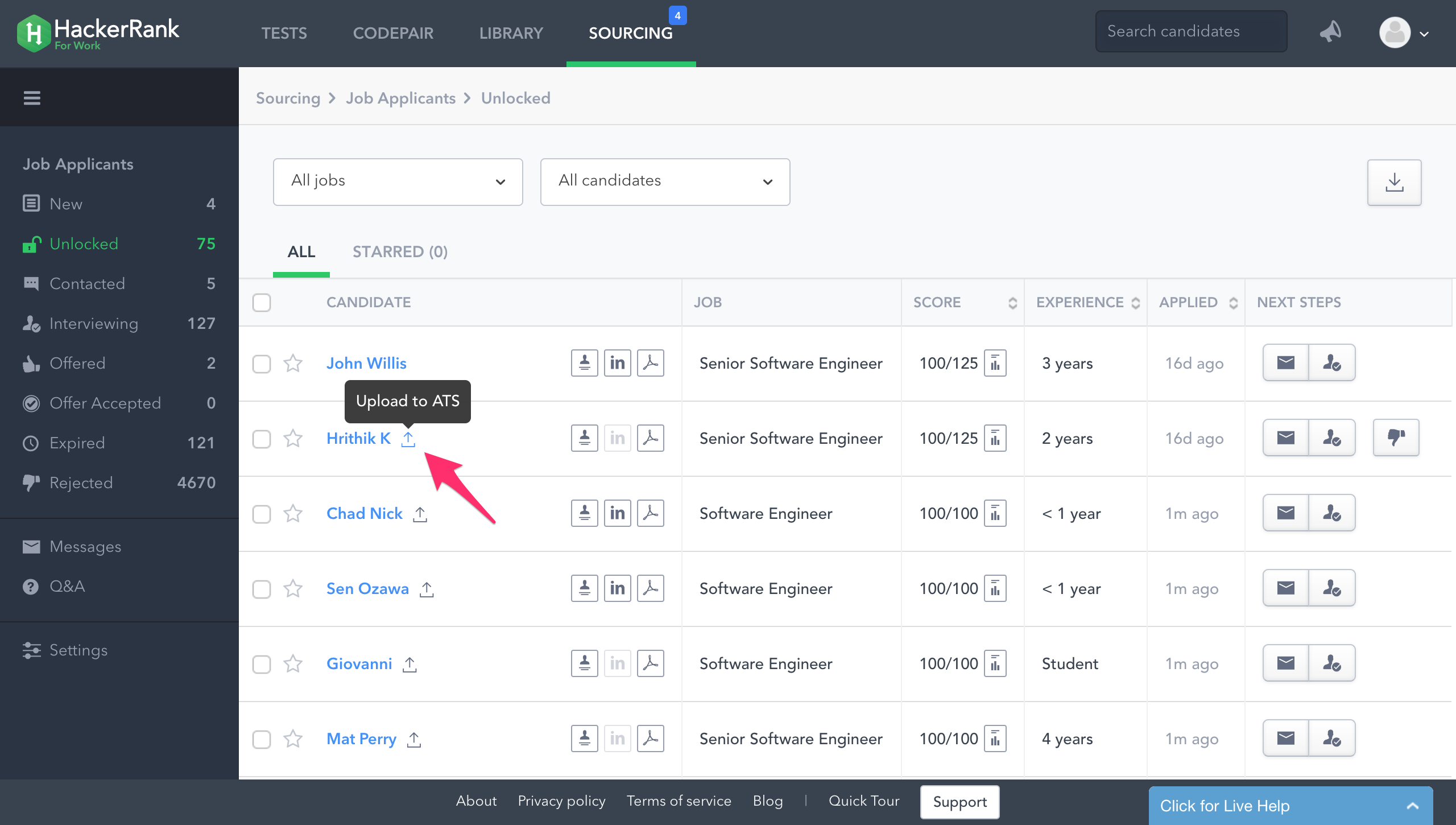 Hackerrank settings sourcing tab with arrow pointing to candidate name in list