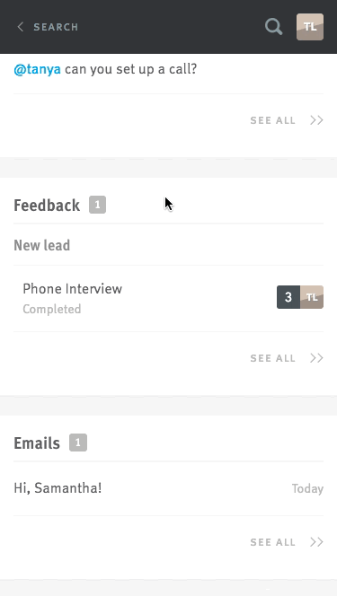 Live image of feedback section on candidate profile on Lever mobile site